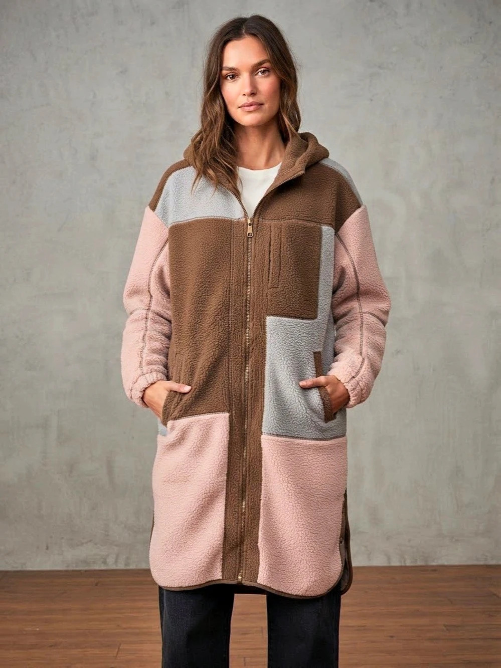 Oli & Hali Terry Fleece Mix Zip Front Jacket Patchwork Long S/M NWOT